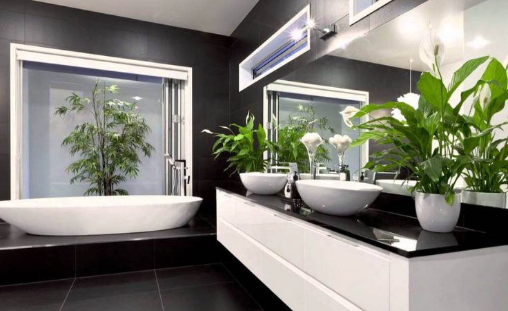 a retreater adds green pots in a contemporary bathroom vanity to turn it into spa