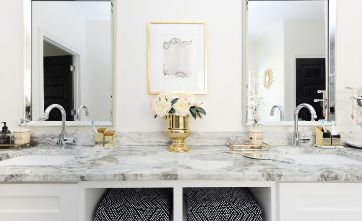 black and white bathroom with gold accessories for better spa retreat session